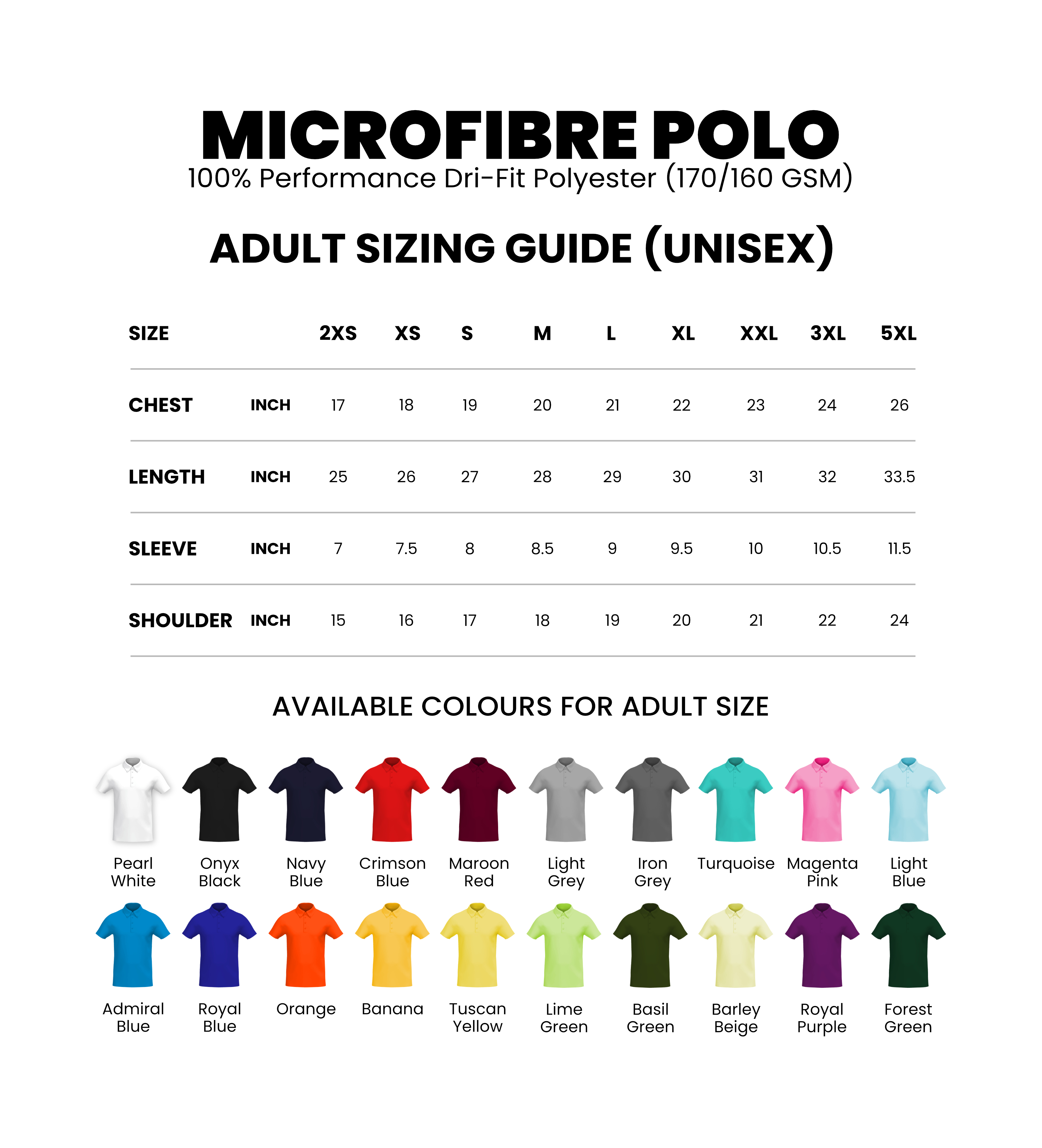 Microfibre Polo Sizes