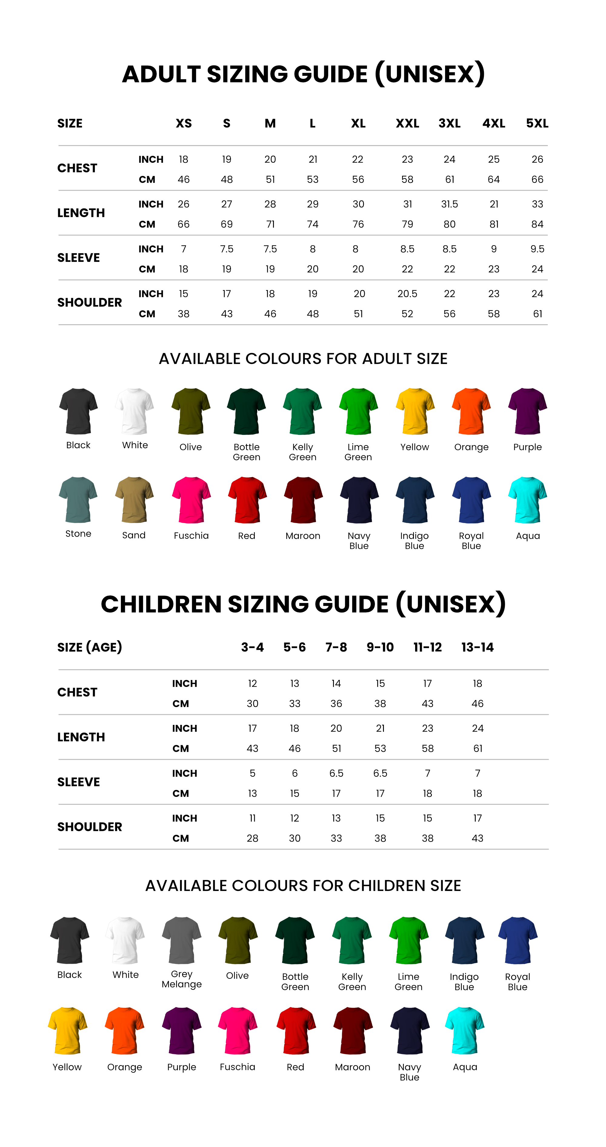 size and colours guide