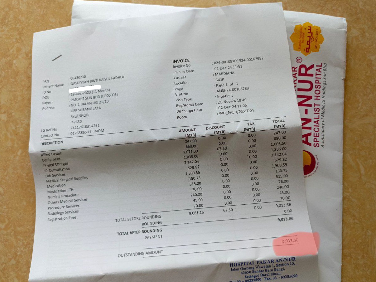 Total bil rawatan berjumlah RM9 ribu lebih.