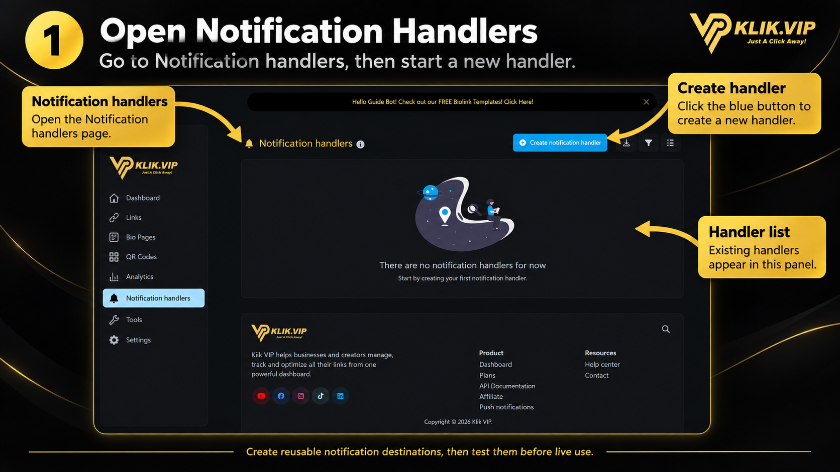 Klik VIP Notification Handlers page