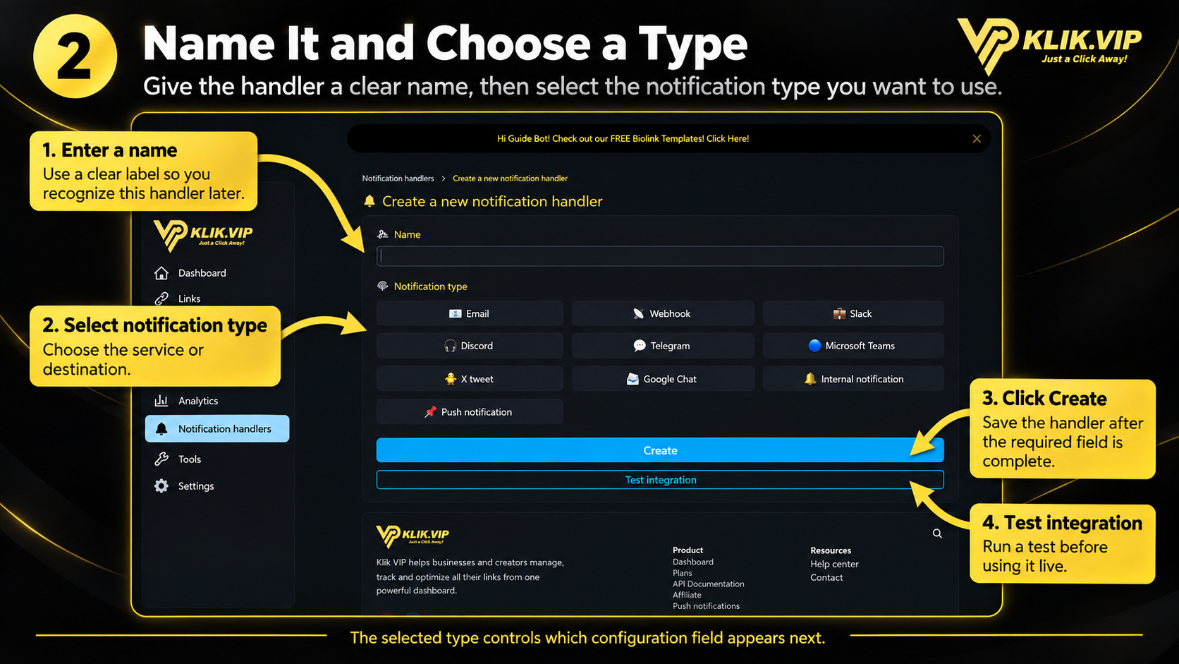 Klik VIP Notification Handler name and type selection