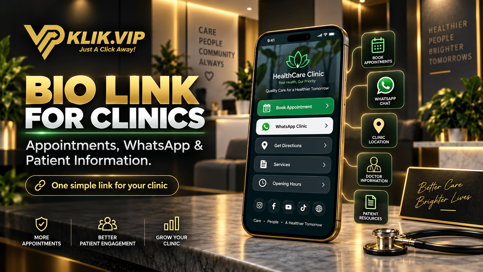 Bio link for clinics connecting appointments WhatsApp location services and patient information with Klik VIP