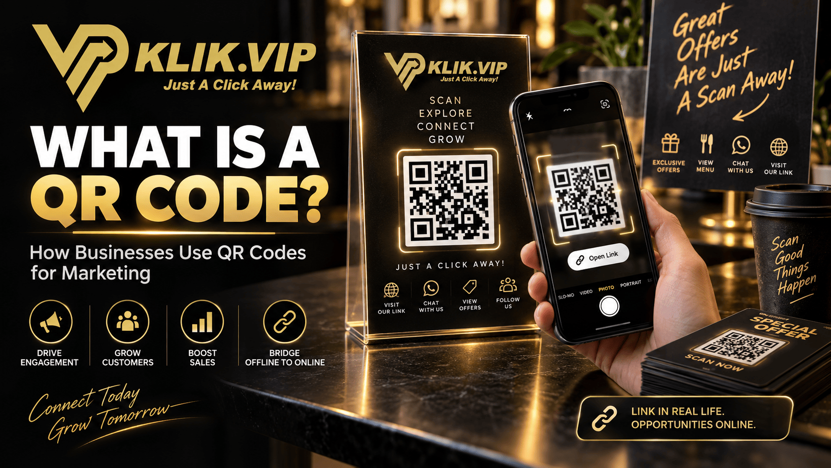 What is a QR code guide showing how businesses use QR codes for marketing with Klik VIP
