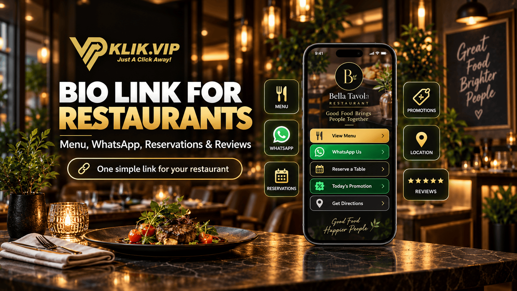 Bio link for restaurants connecting menu WhatsApp reservations directions promotions and reviews with Klik VIP