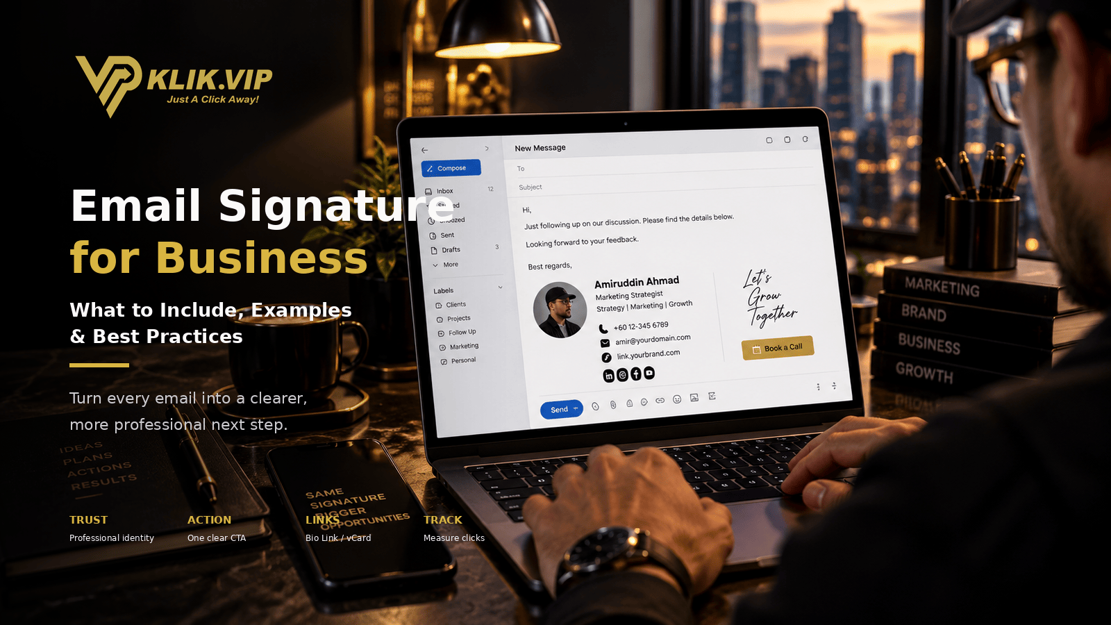 Premium Klik VIP business email signature guide showing a professional email, contact details and clear next-step links in a modern office environment.