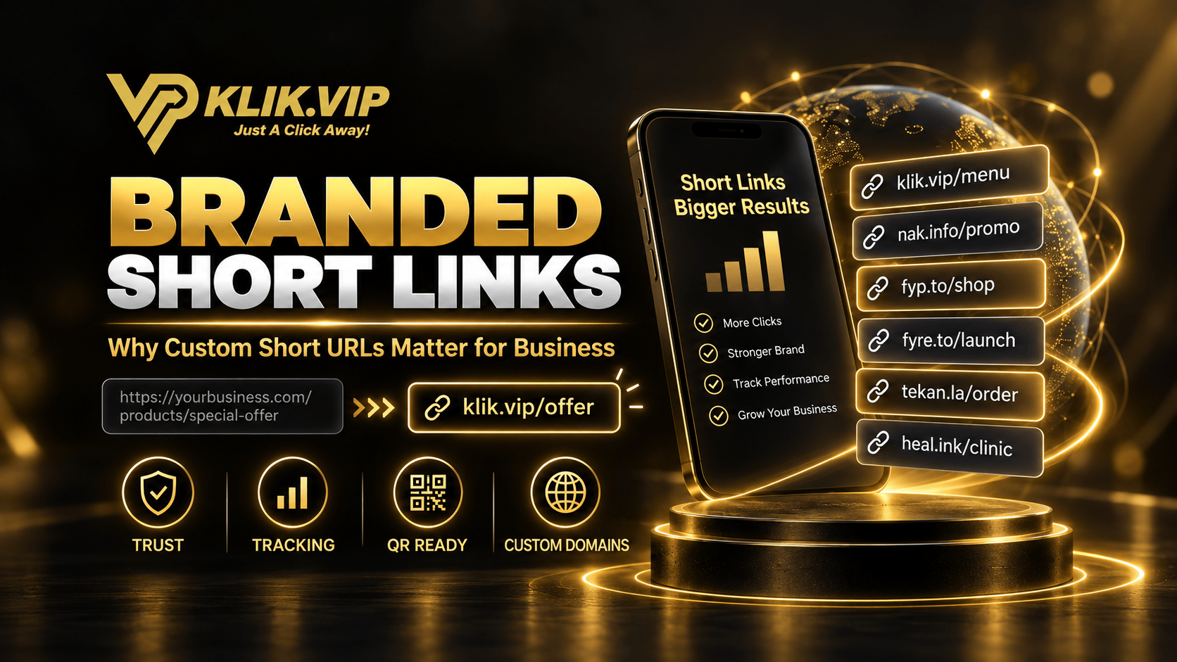 Branded short links and custom short URLs for business using Klik VIP