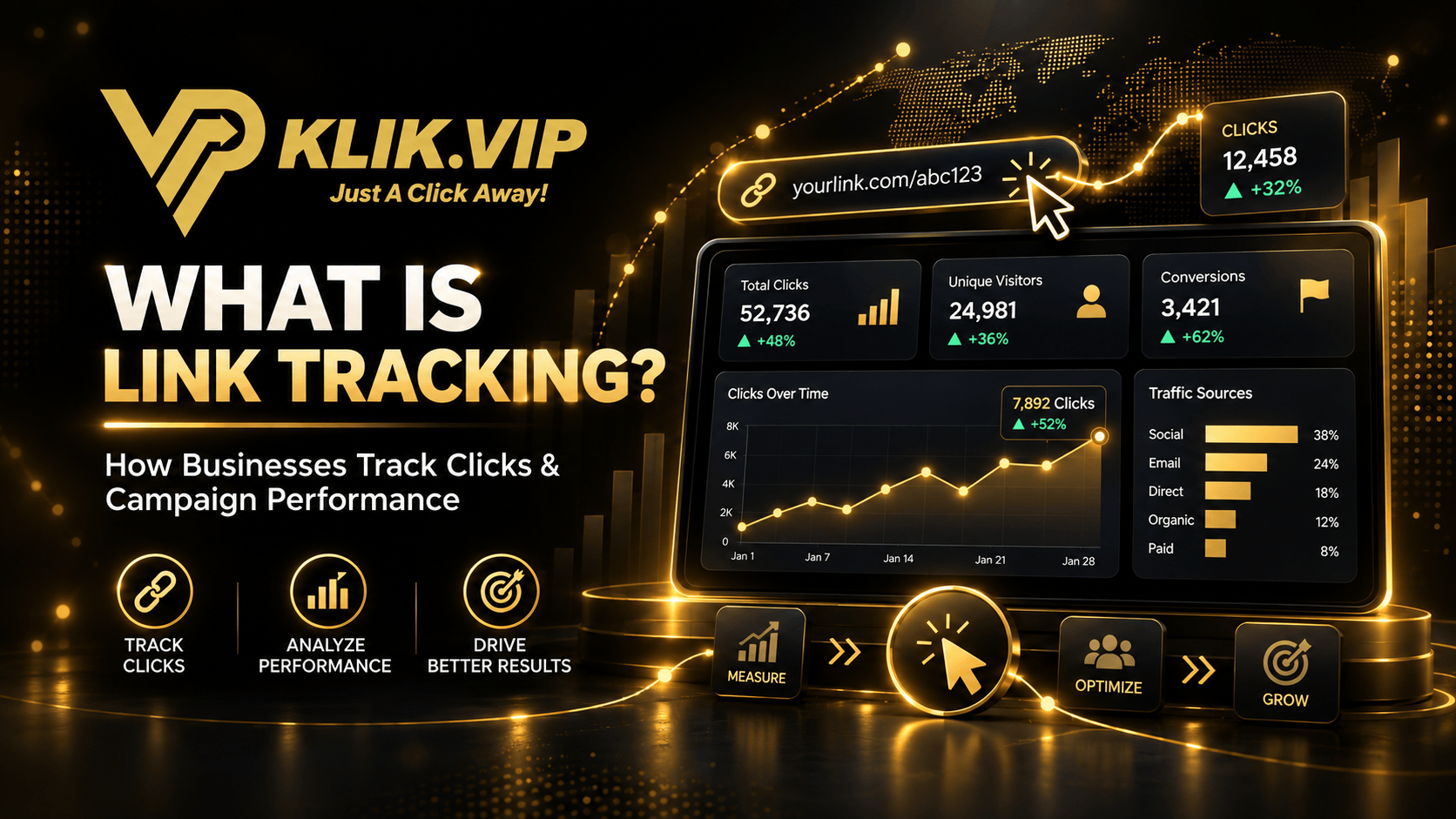 What is link tracking guide showing click analytics and campaign tracking with Klik VIP