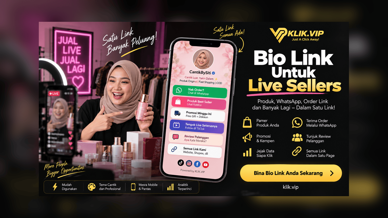 Klik VIP Bio Link for live sellers connecting livestream viewers to products, WhatsApp, order links, promotions and other customer actions.