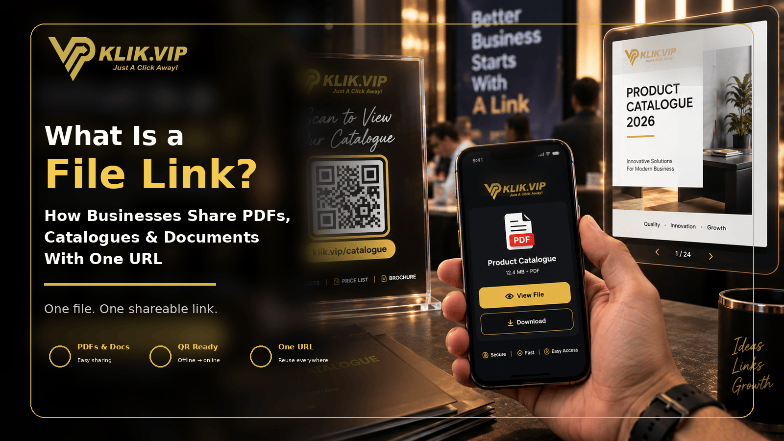 Klik VIP File Link guide showing a shareable document link, QR access and a mobile file preview for business catalogues, PDFs and documents.