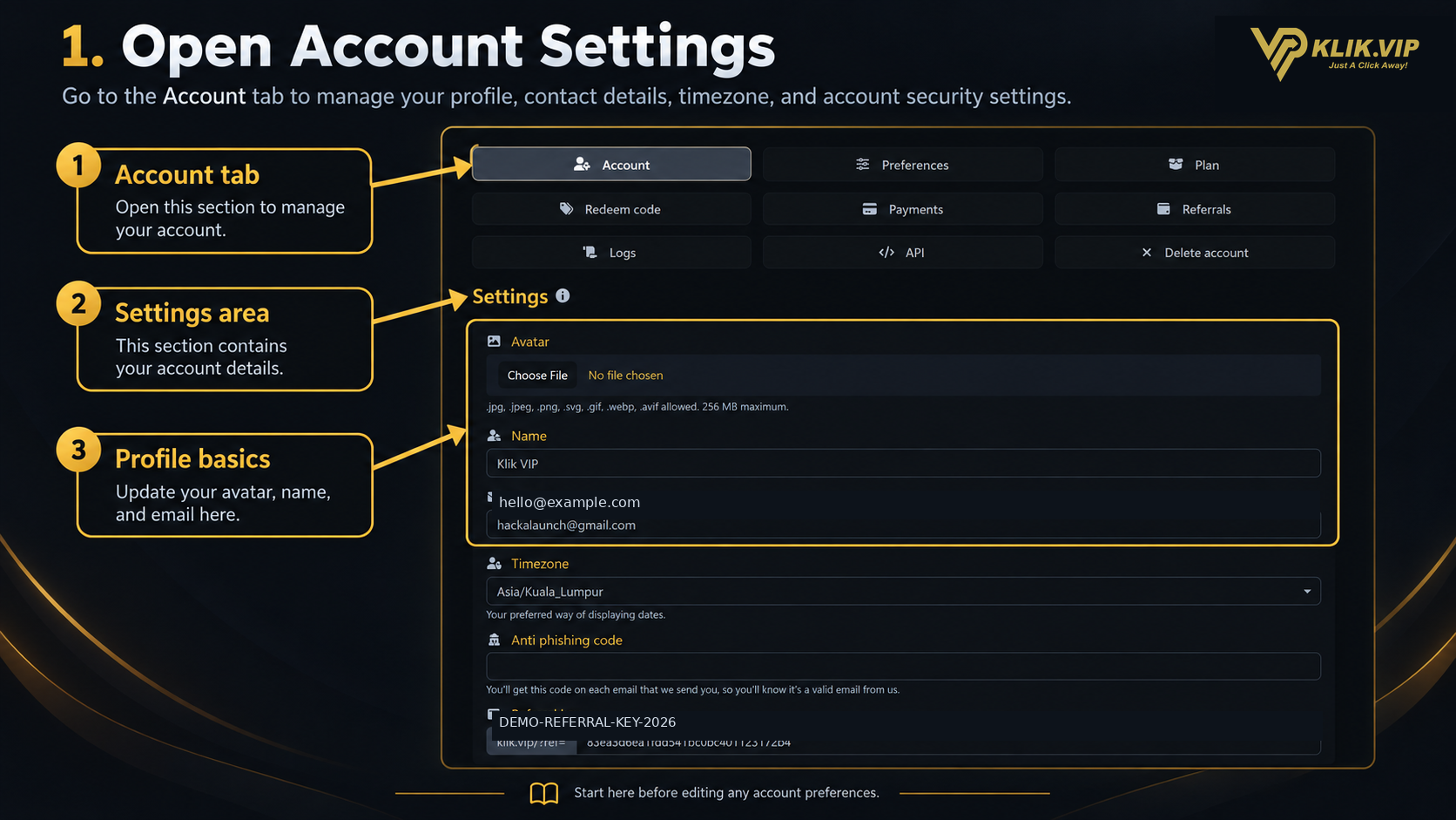 Open Account Settings in Klik VIP