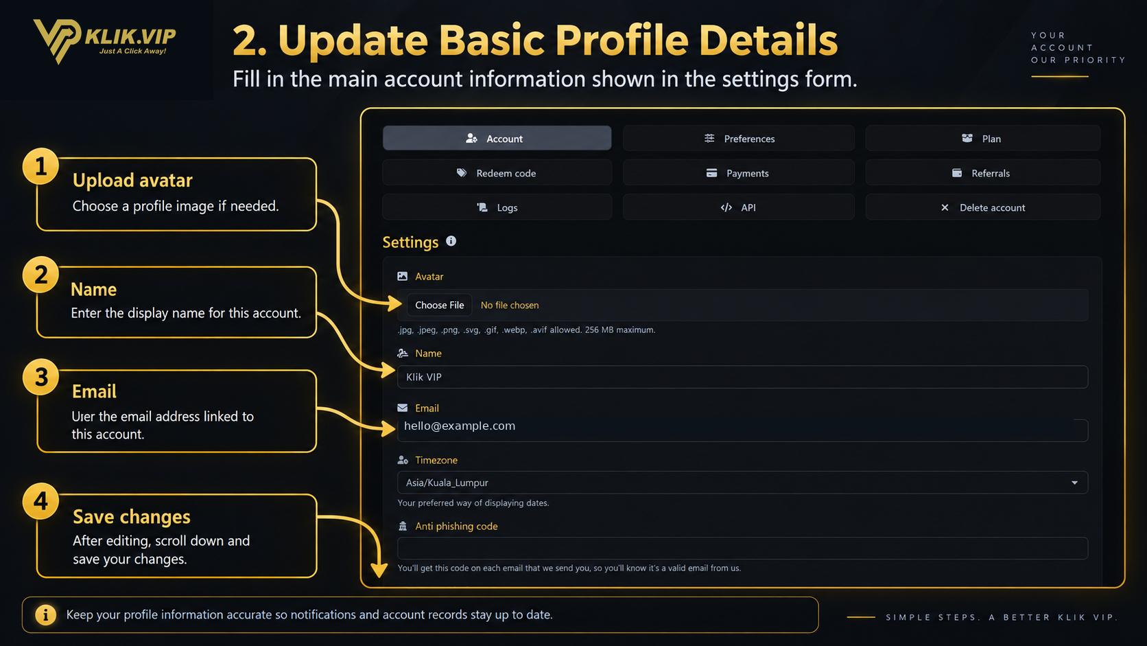 Update profile details in Klik VIP