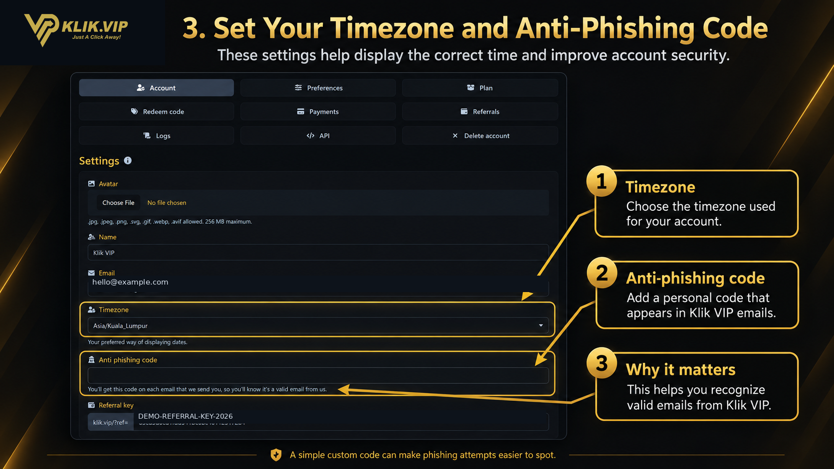 Set timezone and anti-phishing code in Klik VIP