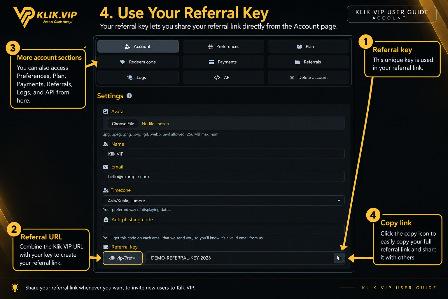 Referral key in Klik VIP Account Settings