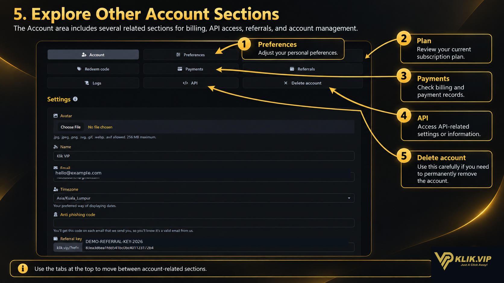 Other account sections in Klik VIP