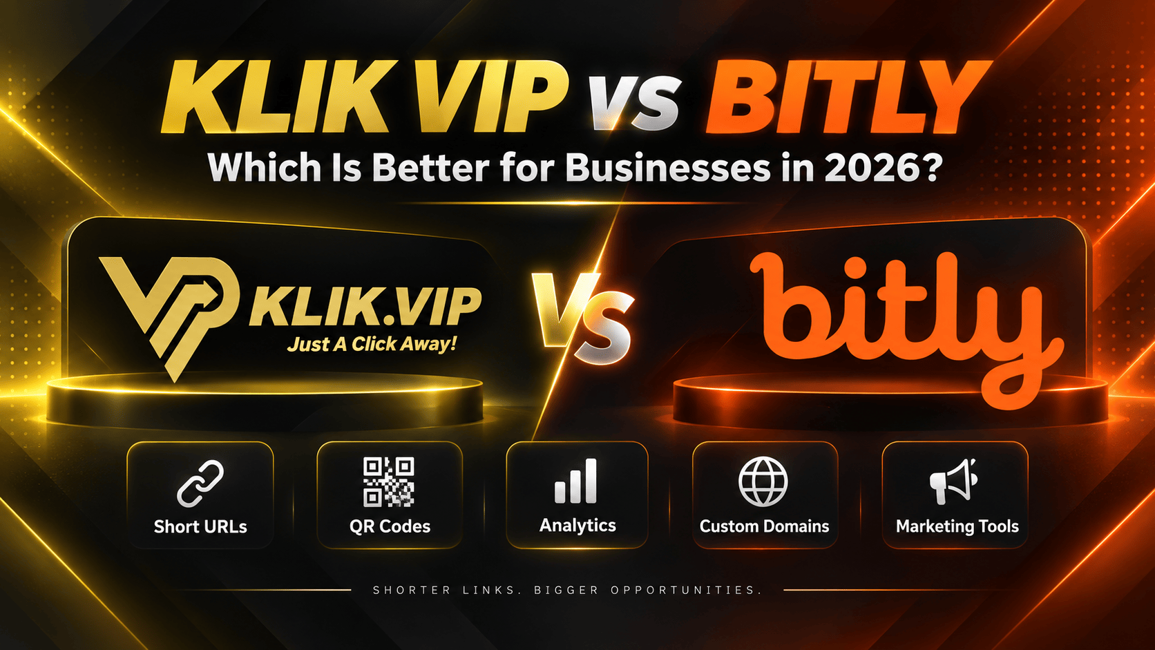 Klik VIP vs Bitly comparison for short URLs QR codes analytics custom domains and business marketing tools