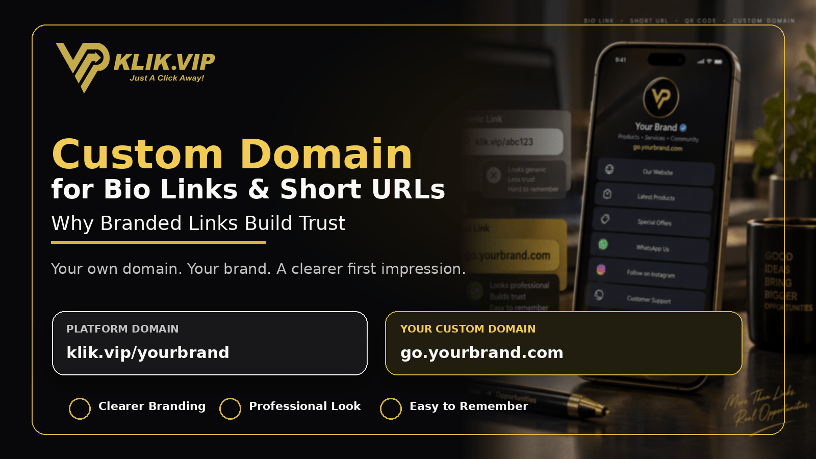 Klik VIP custom domain guide comparing a platform URL with a branded custom domain for Bio Links and Short URLs.