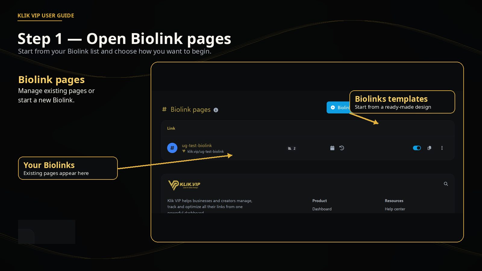 Klik VIP Biolink pages screen