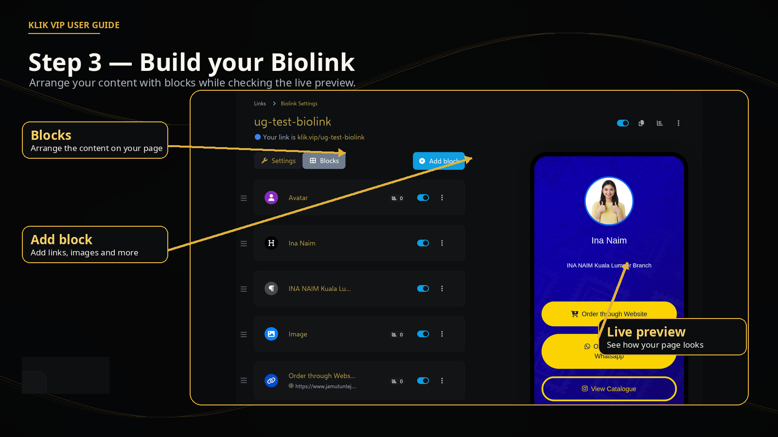 Klik VIP Biolink editor with Blocks and live preview