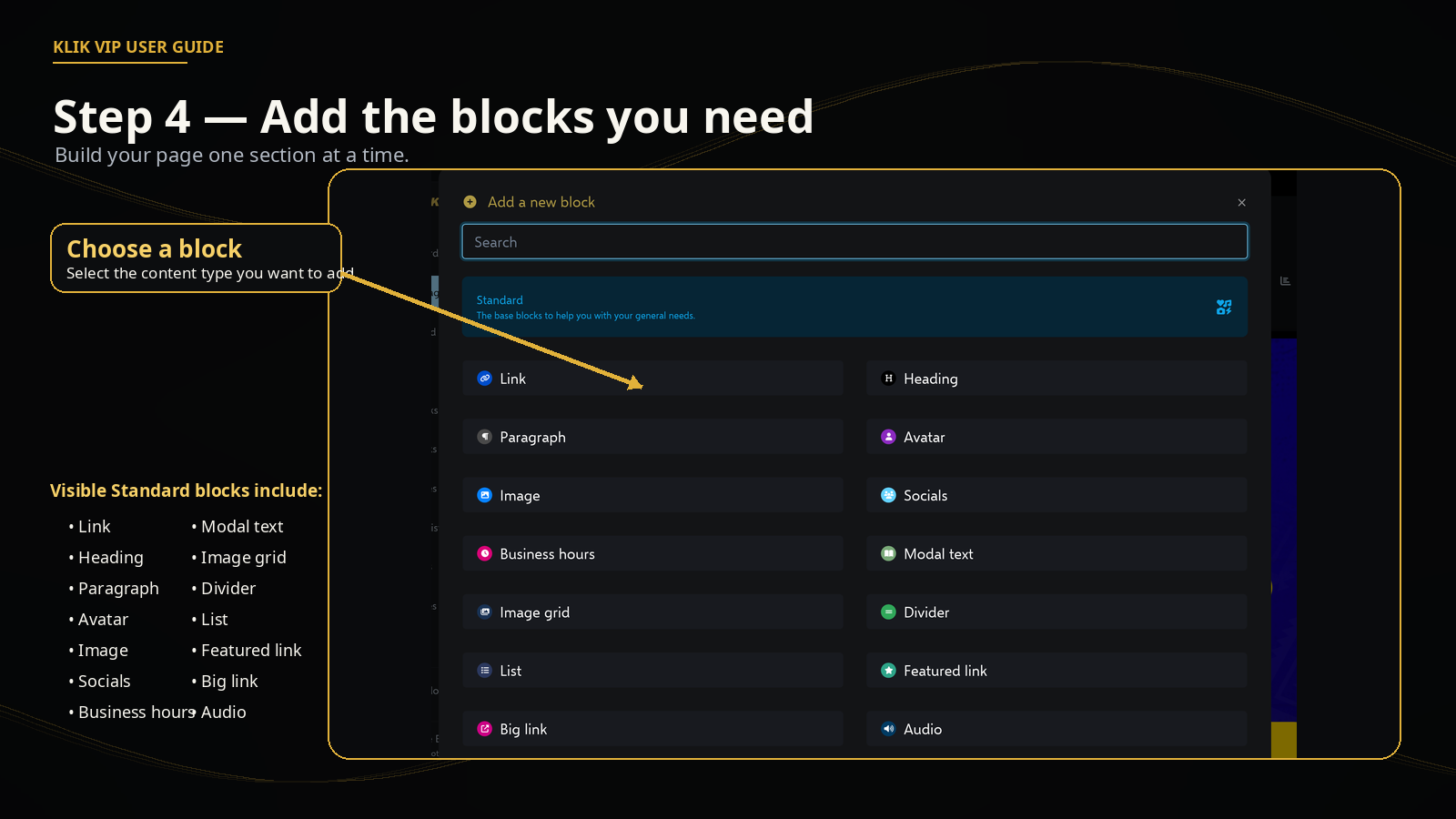 Klik VIP Add a new block dialog