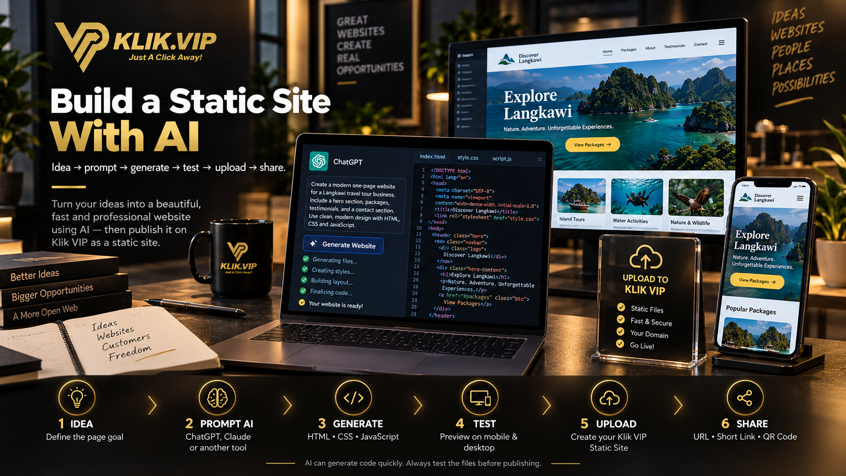 AI-assisted Static Site workflow shown in a real workspace with generated web files, responsive preview, testing and publishing cues