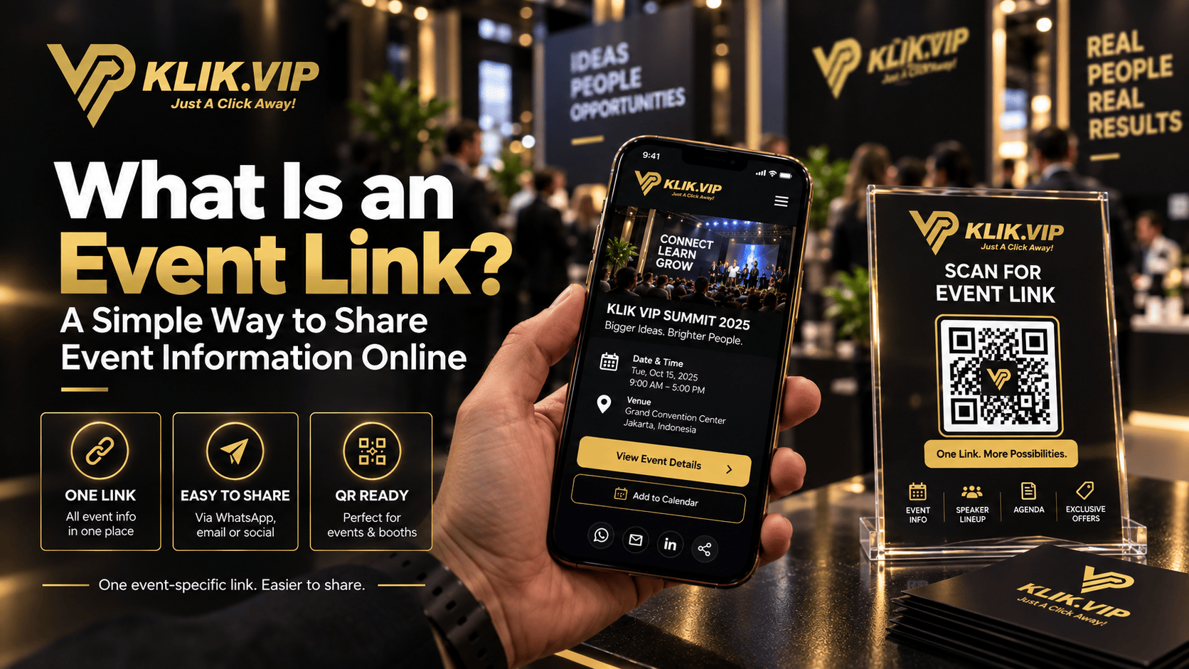 Klik VIP Event Link guide showing one event-specific link shared online and through a QR code for easier event information access.