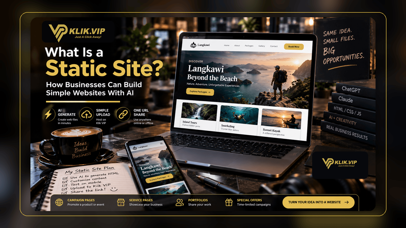 Klik VIP Static Site guide showing a responsive website on laptop and mobile, with AI-assisted HTML, CSS and JavaScript creation for business campaigns.