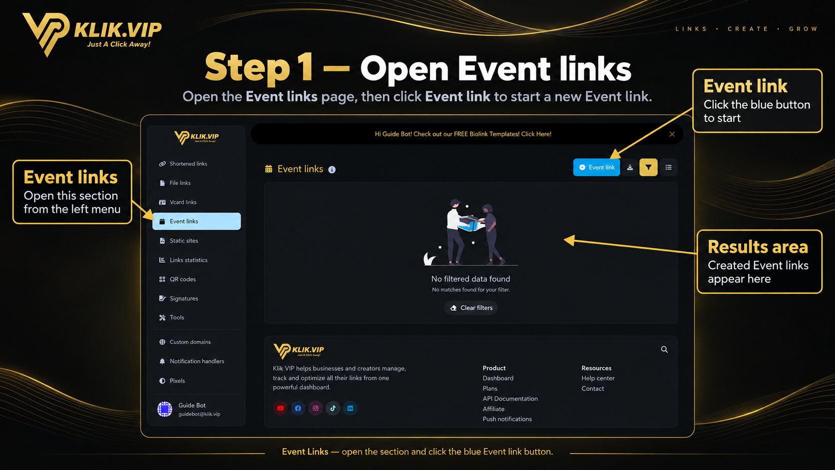 Klik VIP Event Links page