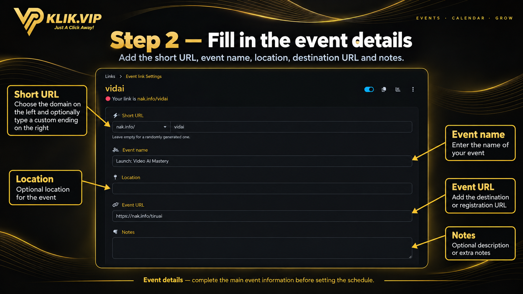 Klik VIP Event Link details settings