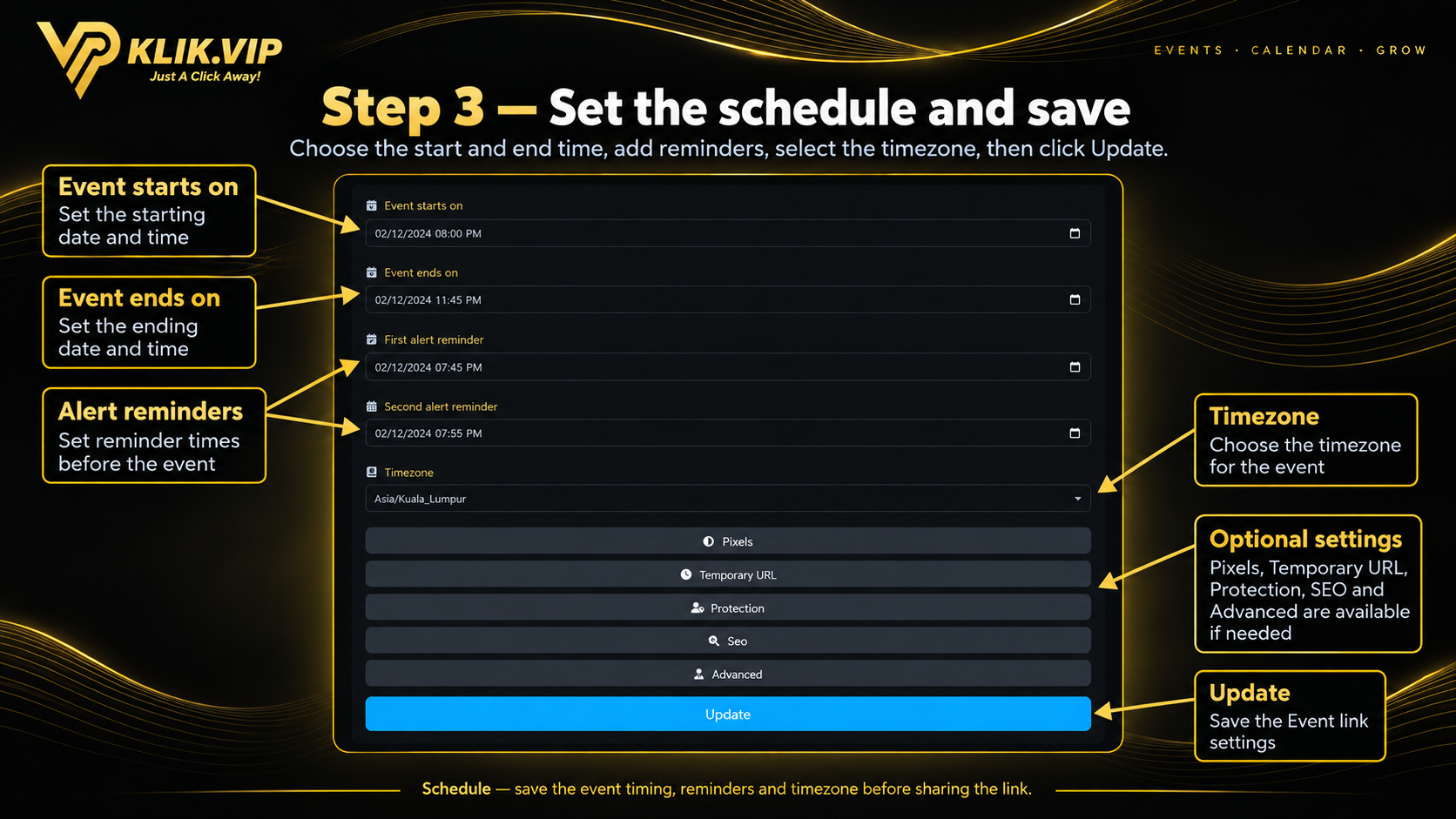 Klik VIP Event Link schedule and save settings