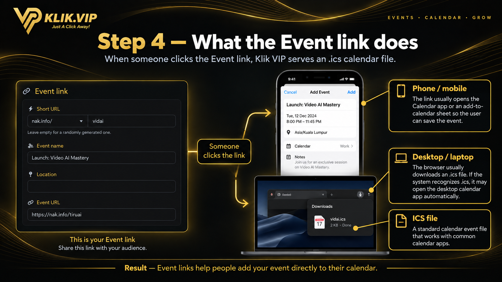 How Klik VIP Event Link behaves on mobile and desktop