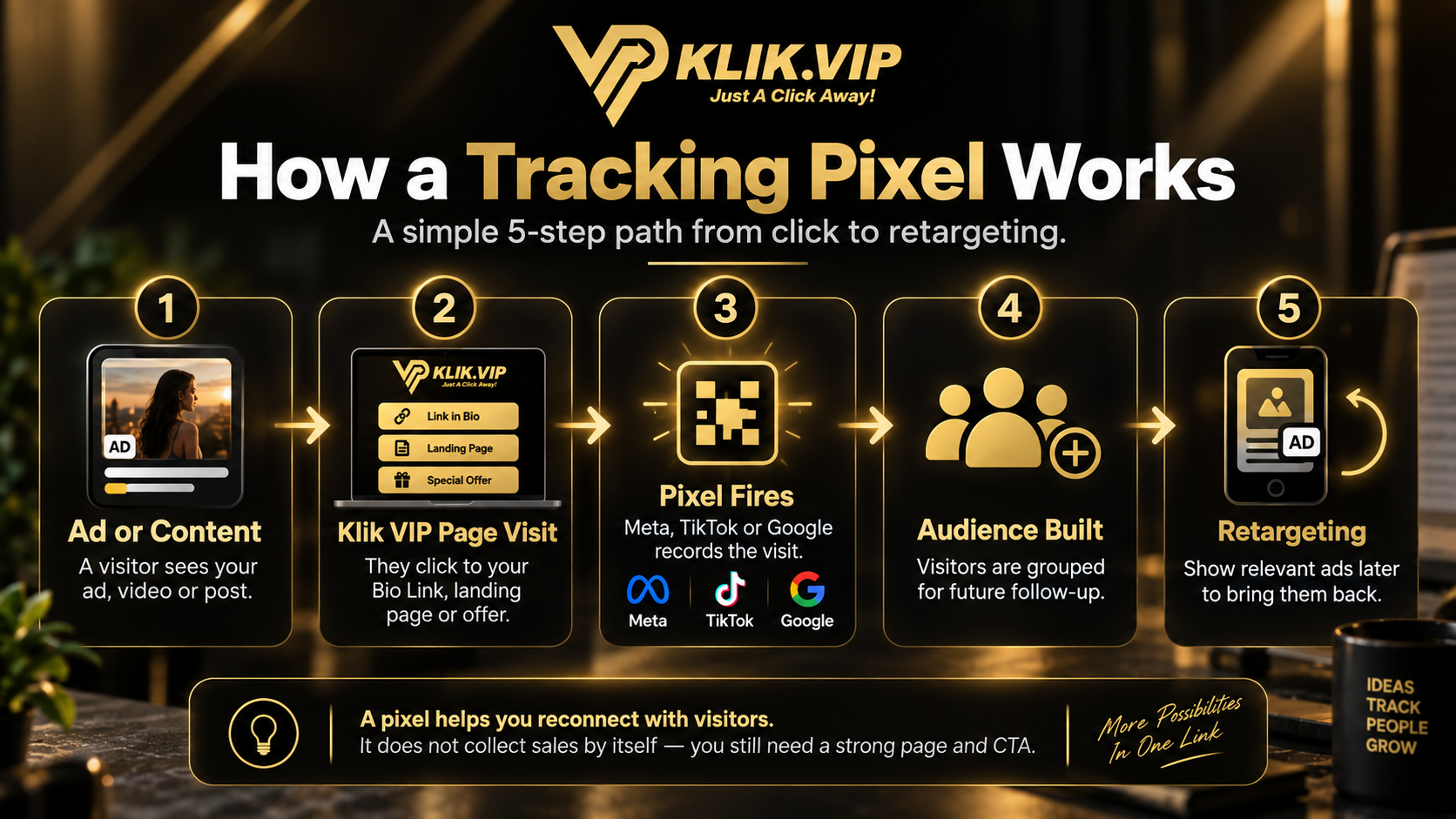 Tracking pixel retargeting flow from ads to Klik VIP links and visitor audiences