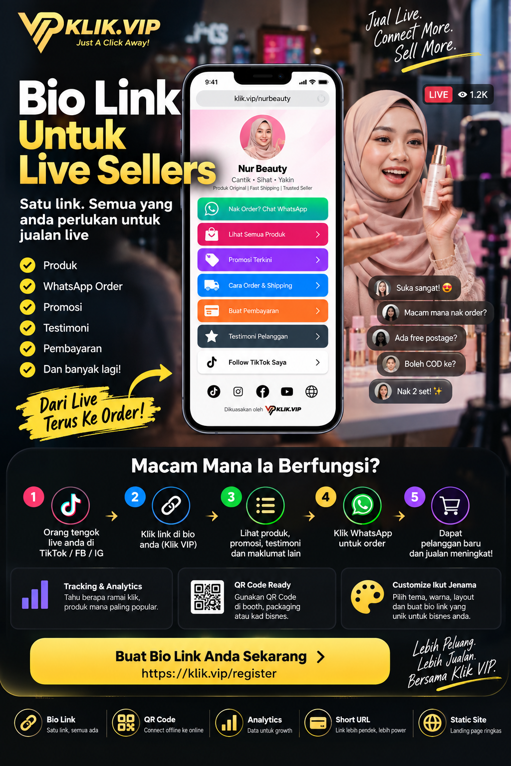 Live seller customer journey from social media live video to Klik VIP Bio Link, WhatsApp and order links