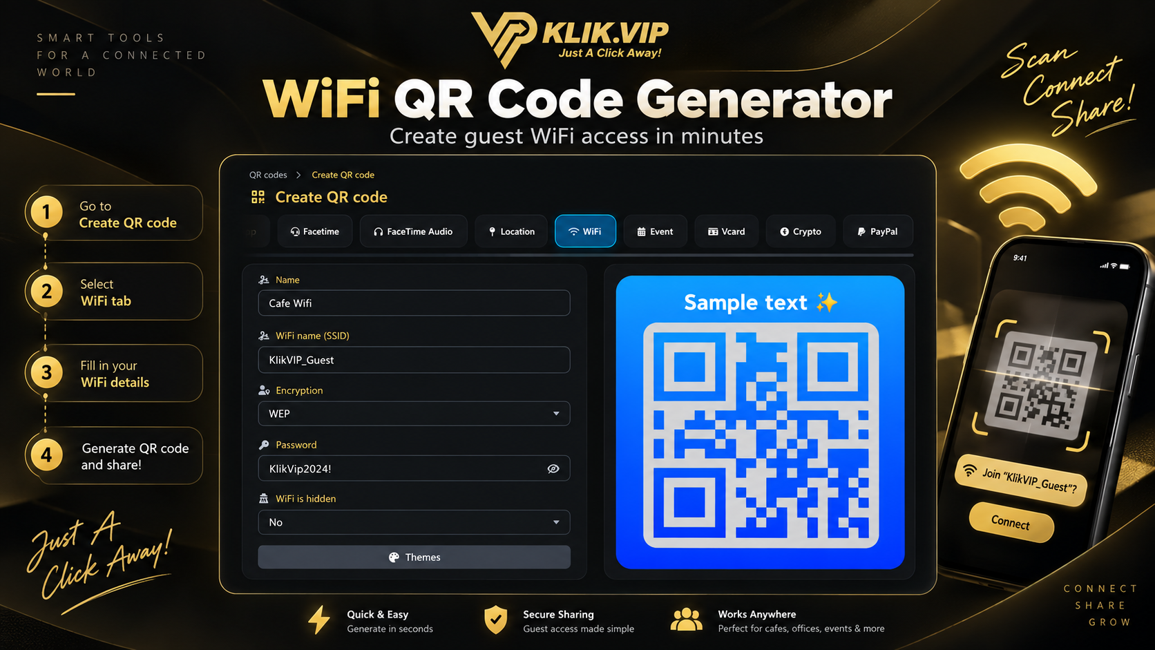 Klik VIP WiFi QR Code generator overview for guest WiFi access