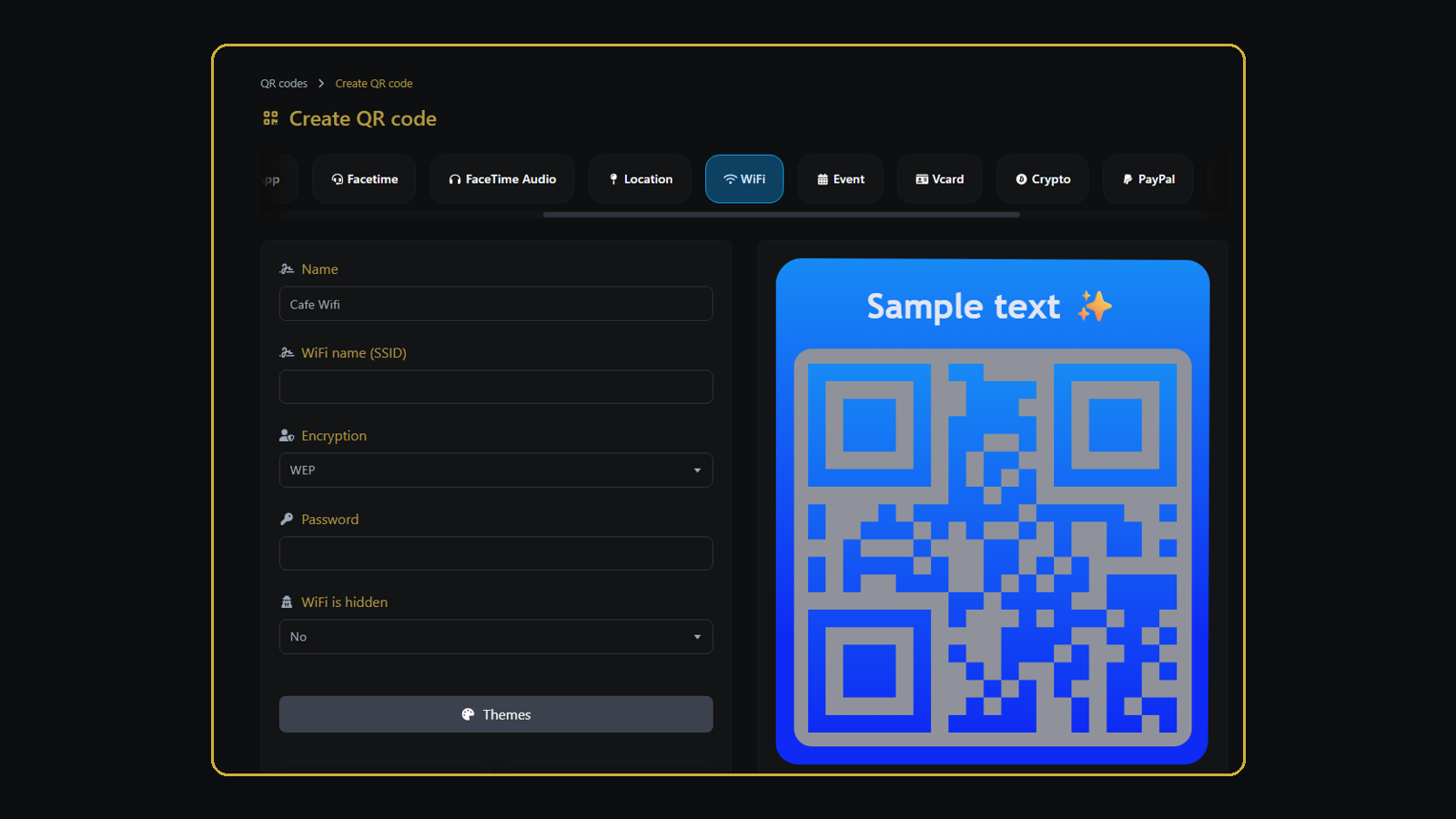 Klik VIP WiFi QR Code creator showing SSID encryption password hidden WiFi option and QR preview