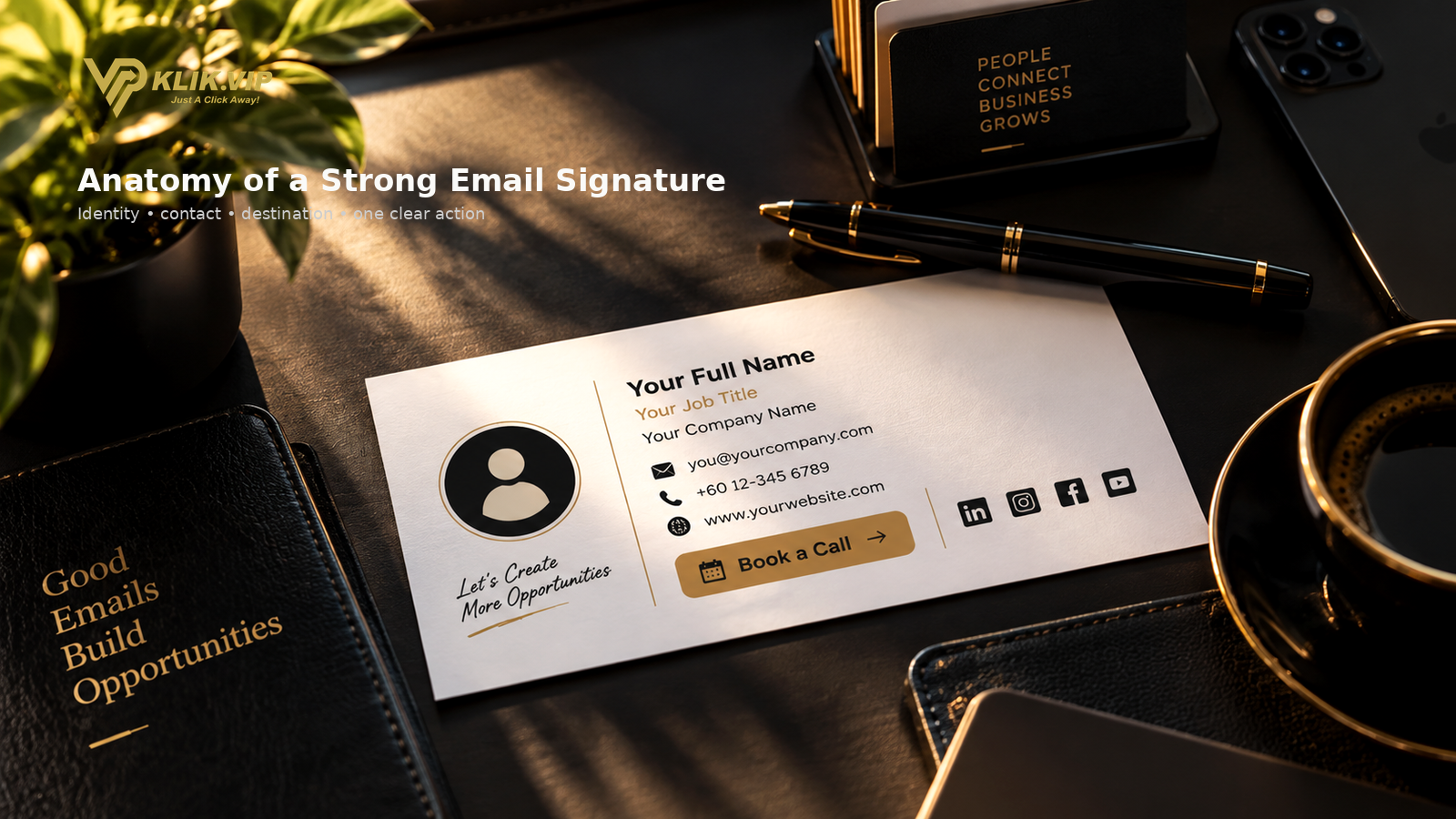 Premium business email signature example showing identity details, contact information, social links and a clear call to action