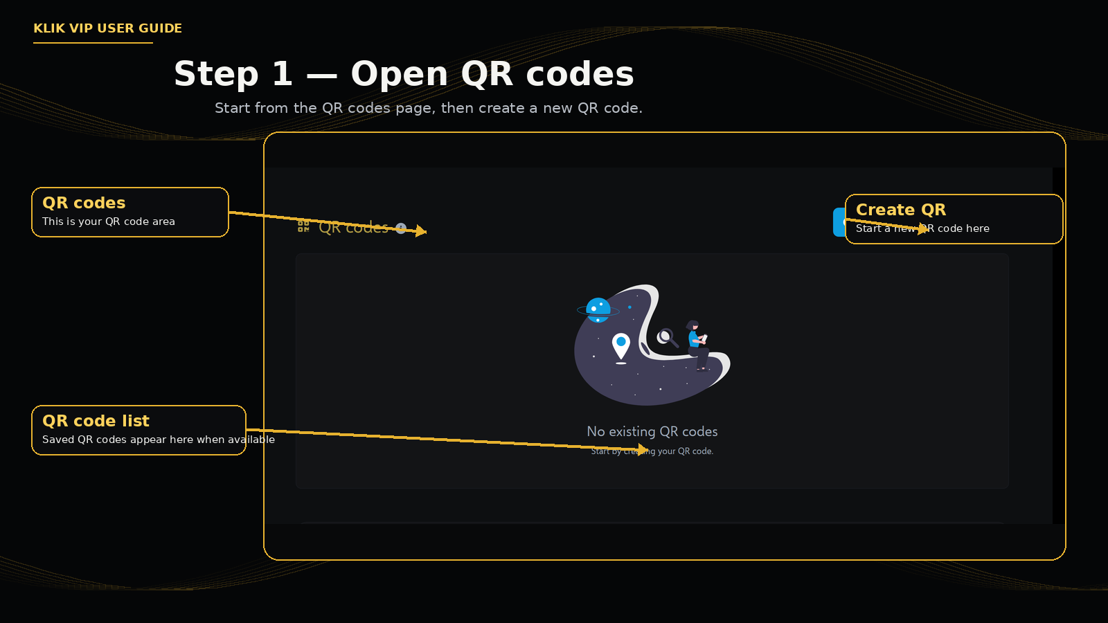 Klik VIP QR codes page with Create QR button