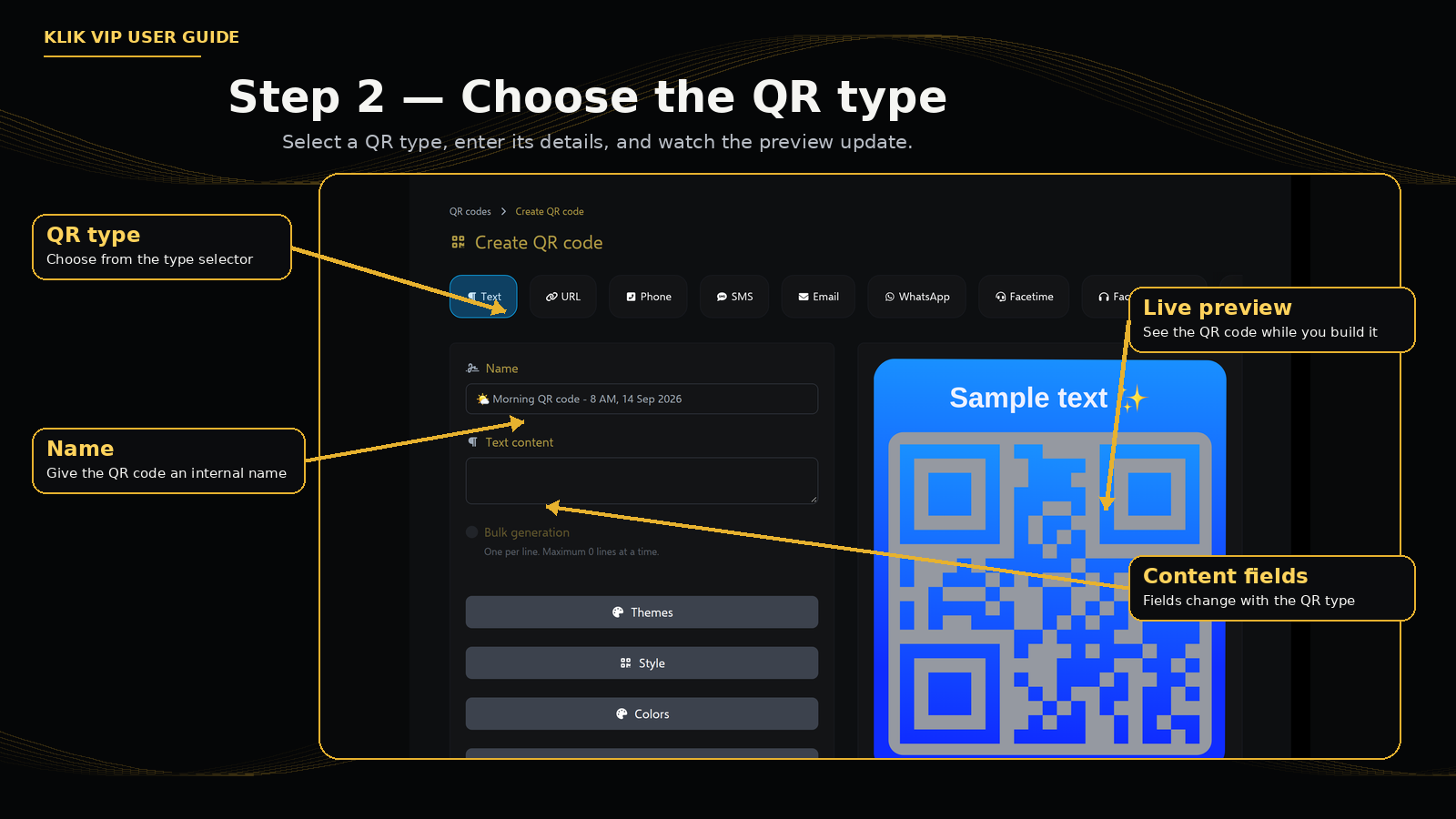 Klik VIP QR builder showing QR types, fields and live preview