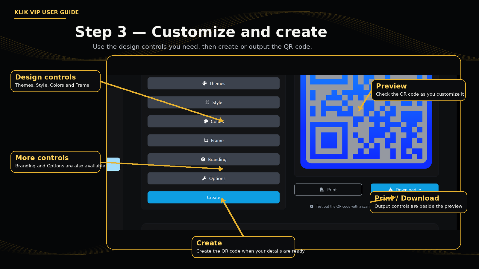 Klik VIP QR customization controls and output buttons