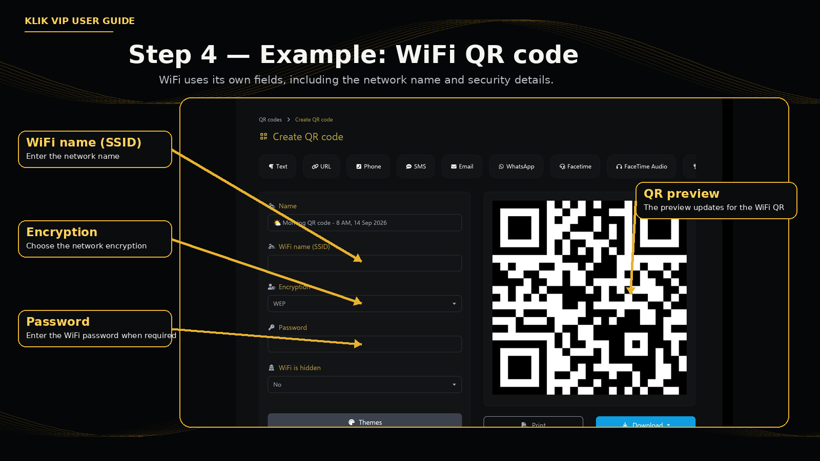 Klik VIP WiFi QR code fields