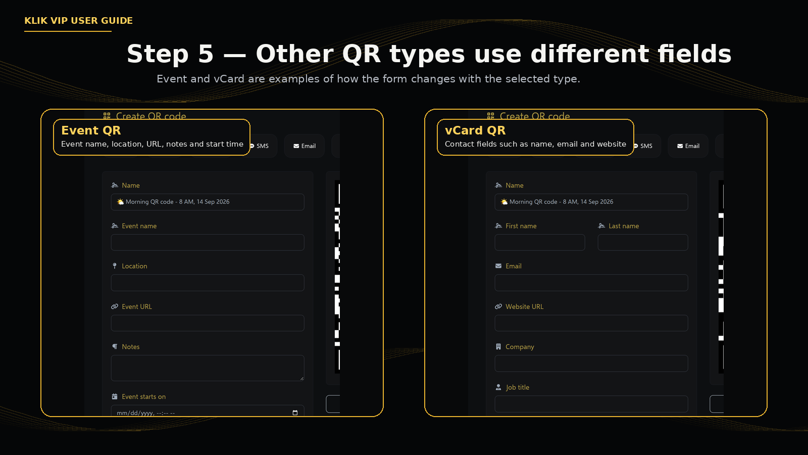 Klik VIP Event and vCard QR code field examples
