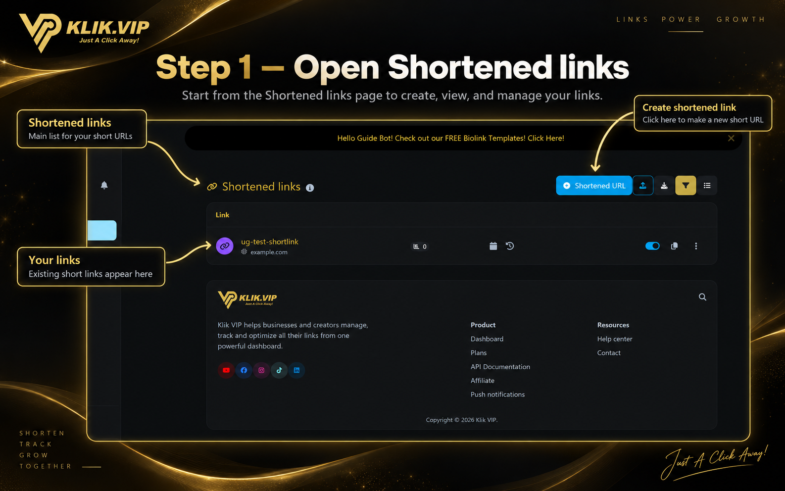 Klik VIP Shortened links page