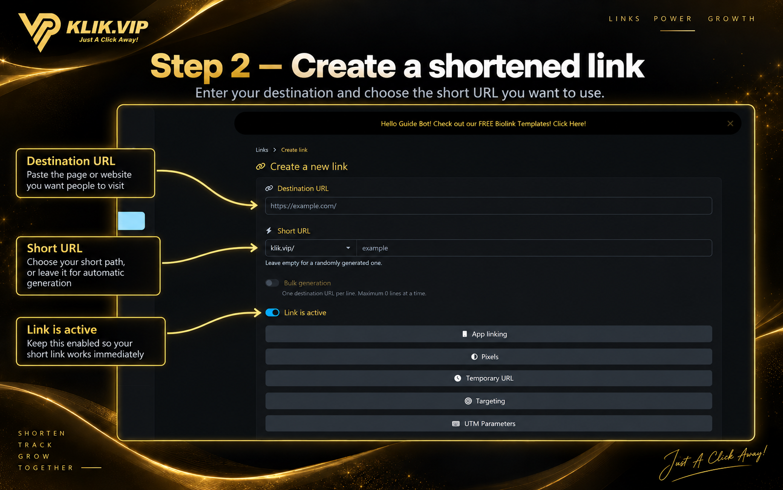 Klik VIP create shortened link form
