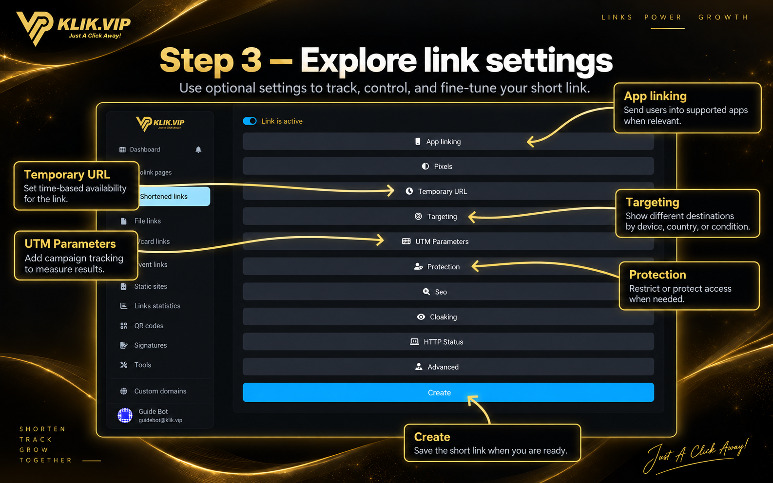 Klik VIP shortened link optional settings