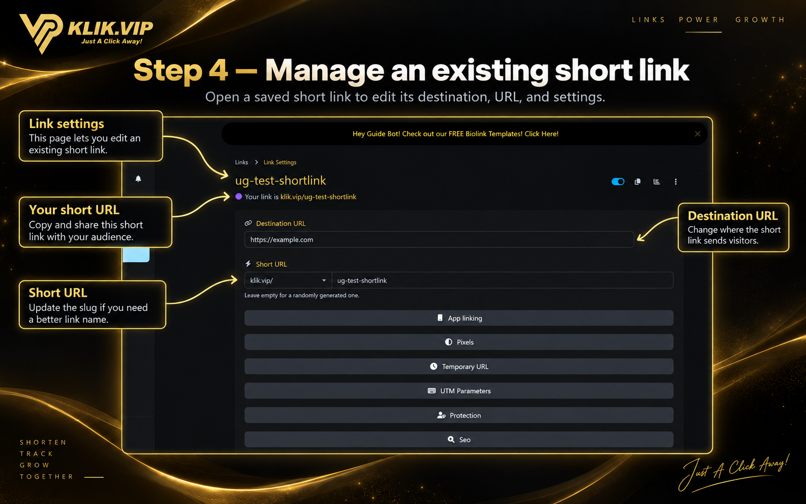 Klik VIP edit existing shortened link