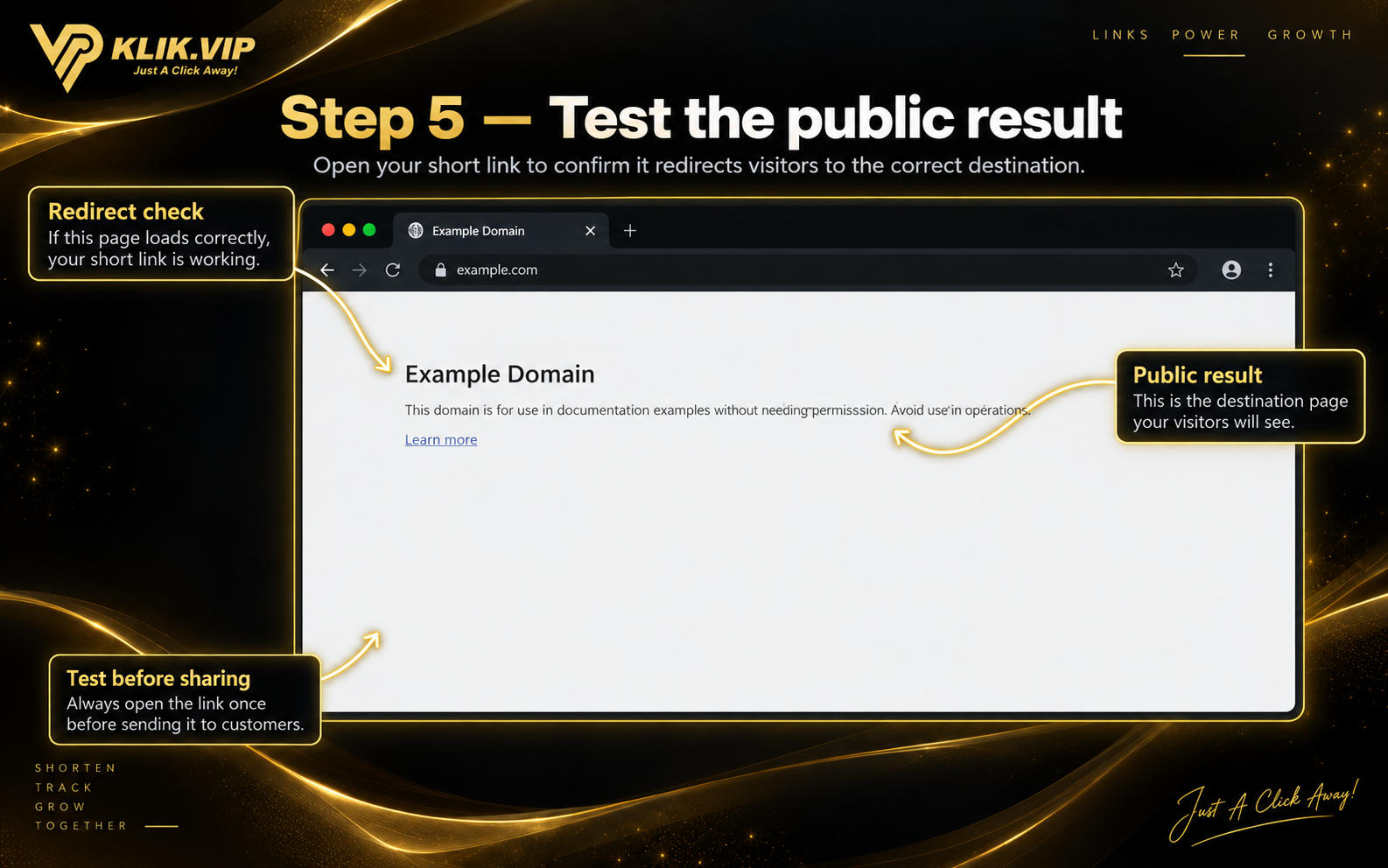 Public destination reached through a Klik VIP short link