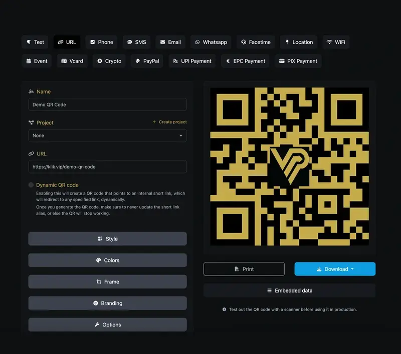Screenshot of the app QR code system page