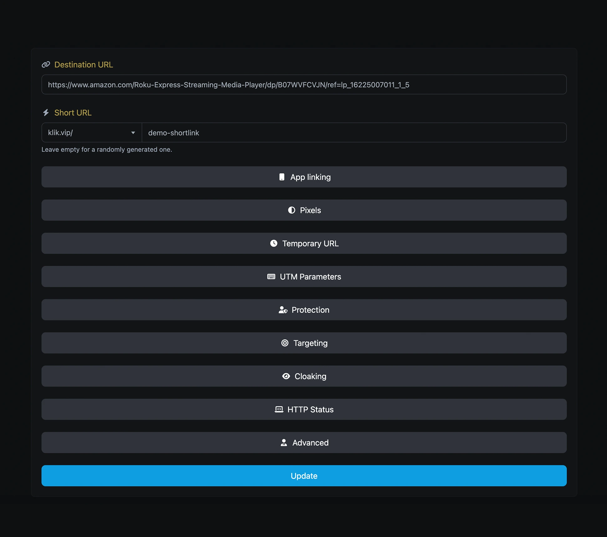 Screenshot of the app short URL editing page