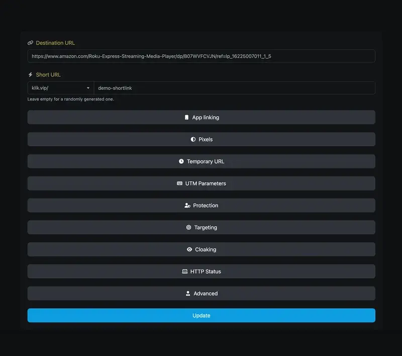 Screenshot of the app short URL editing page